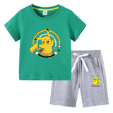 Children Pokemon Pikachu Tshirts & Shor Cotton Short-Sleeved Shorts Two-Piece Set