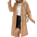 Women Sherpa Jacket Lapel Cardigan Plush Long Single-Breasted Lambswool Trench Coat