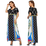 Muslim Women Stylish Kashibo Abaya Muslim Ladies Long Gown Islamic Clothing Jilbab Jalabiya Summer Short Sleeve Printed Robe