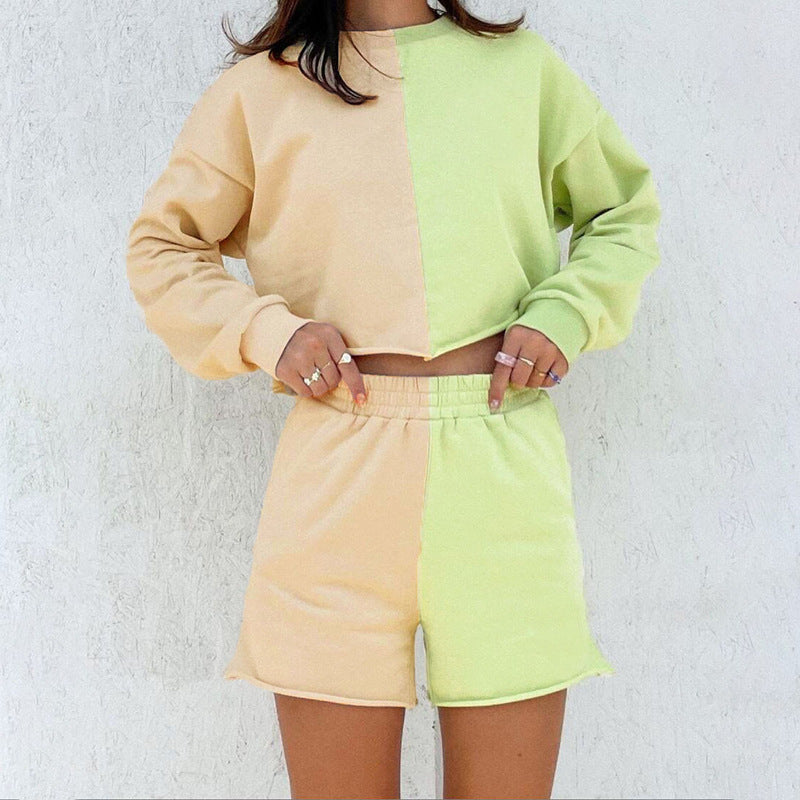 Women Top & Pant 2 Piece Set Autumn and Winter New Color Contrast Patchwork Long-Sleeved Sweater High Waist Hip Shorts Casual Suit