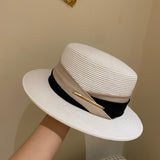 Straw Hat Dual-Color Patchwork Decorative Flat Top Hat
