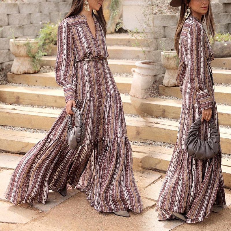 Women Bohemian Dress Autumn and Winter Cardigan Printed Long Dress