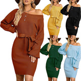 Sweater Dress Outfit With Tights 2 Pieces Set Autumn and Winter Knitted Solid Color Slim Women's Long Sleeve off-Shoulder Dress