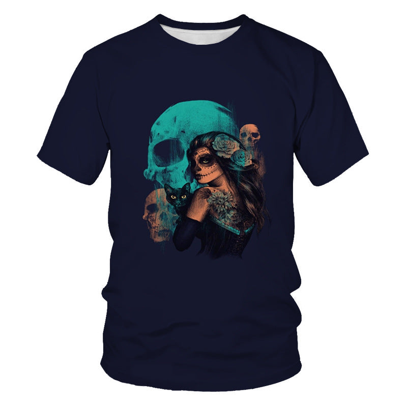 Skull Hoodie Summer Short-Sleeved T-shirt Men's and Women's round Neck Loose