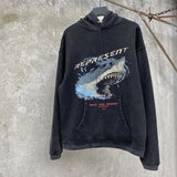 Present Hoodie Big White Shark Limited Retro Distressed Loose Hooded Sweater Heavy Weight