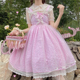Gothic Lolita Harajuku Style Clothing Translucent Peter Pan Collar Short Sleeve Inner Plaid Lolita Dress