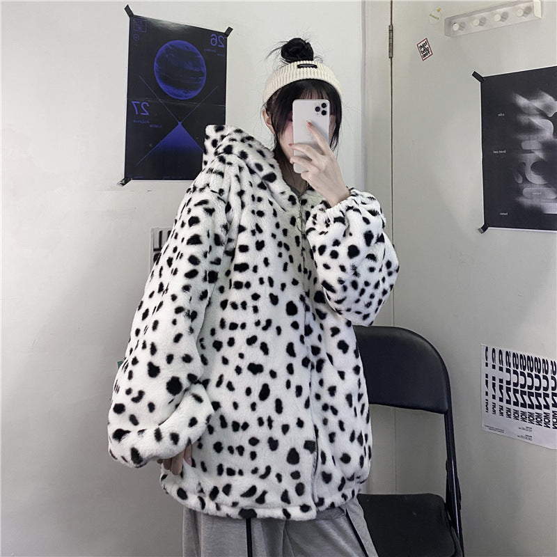 Women Dalmatian Coat Loose Furry Leopard Quilted Hooded Cotton Coat