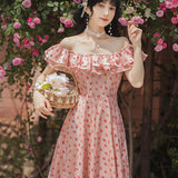 Women Cottagecore Dress Fresh Sweet Pink Floral Dress Summer Retro Dress