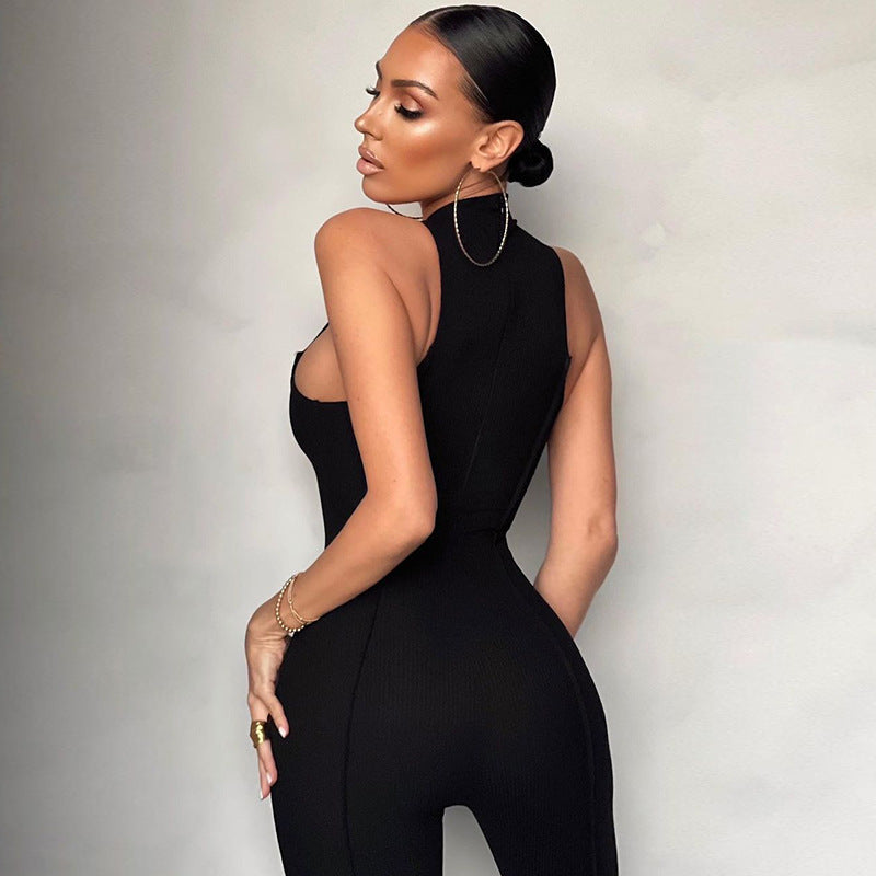 Summer Women's Sexy Sleeveless High Waist Breathable Hip Raise Skinny Sports Casual Jumpsuit