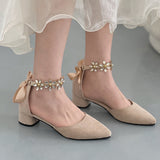 Nude Pumps Block Heel Bow Rhinestone High Heel Shoes