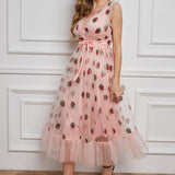 High Waist Sleeveless Strawberry Mesh Dress Casual Fashionable