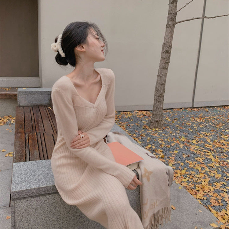 Fairy Dress Knitted Dress for Women Autumn and Winter French Style Retro Minority V-neck Knot Inner Wearing Long Style Fairy Skirt