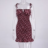 Women Summer Dresses Mini Dress Sexy Off-The-Shoulder Floral Tie-Neck Ruffled Spaghetti Straps Short Dress For Women