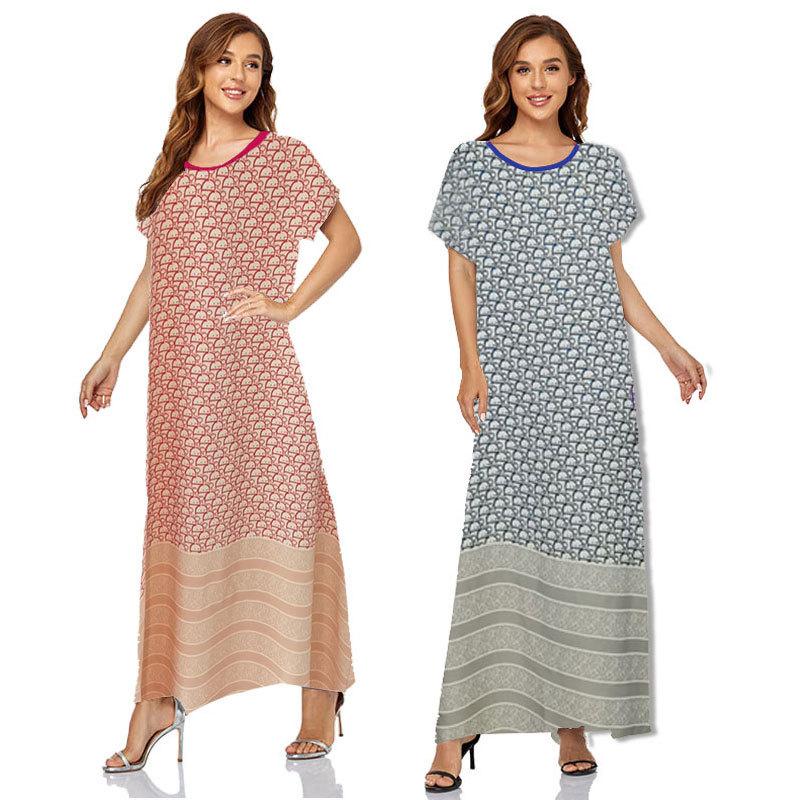 Muslim Women Stylish Kashibo Abaya Muslim Ladies Long Gown Islamic Clothing Jilbab Jalabiya Short Sleeve Round Neck Printed Summer Fashion Long Skirt