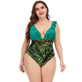 Women Plus Size Swimwear One-Pieces Multicolor Printing Ruffle Swimwear