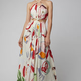 Women Dreese Backless Printed Flower Large Swing Suspender Skirt Seaside Sexy Beach Dress