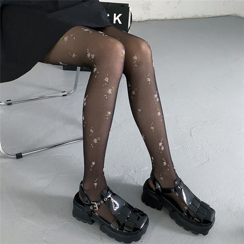 Women Legging Flower Socks Japanese White Jacquard Silk Socks