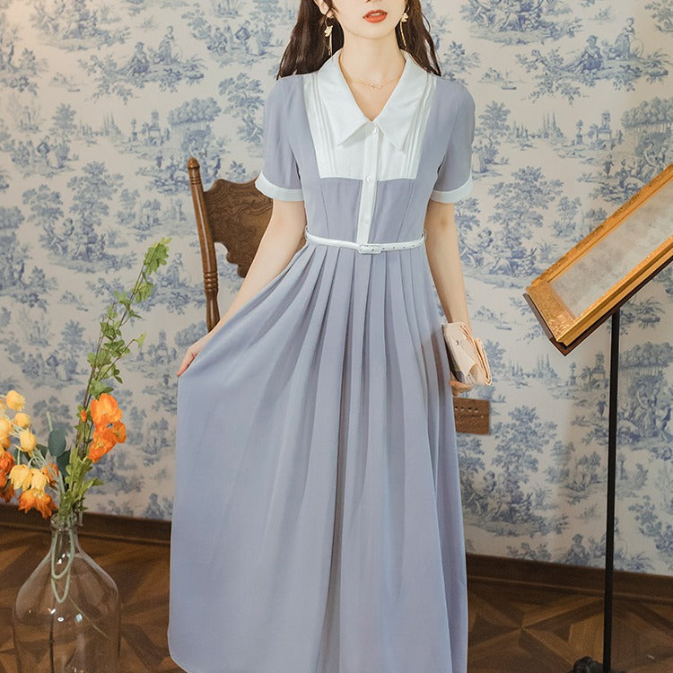 Women Cottagecore Dress Summer Retro Peter Pan Collar Dress Waist-Tight