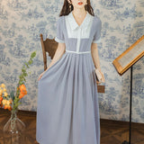 Women Cottagecore Dress Summer Retro Peter Pan Collar Dress Waist-Tight