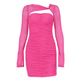 Women Summer Dresses Mini Dress Autumn Women's Clothing Mesh Hollow See-through Pleated Long Sleeve Narrow Short Skirt Dress