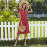 Work Dresses for Teachers Summer Polka Dot round Neck Short Sleeve Lace-up Pleating Dress for Women