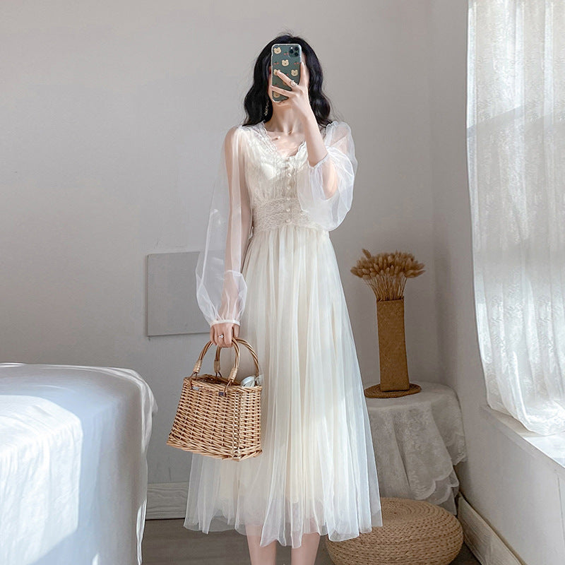 Fairy Dress French Retro Fairy Mesh Dress Super Fairy Two-Piece Set