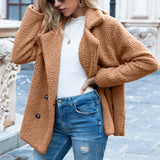 Women Sherpa Jacket Autumn and Winter Button Lapel Loose Fleece Shirt Cardigan Goat Hair Wool Coat