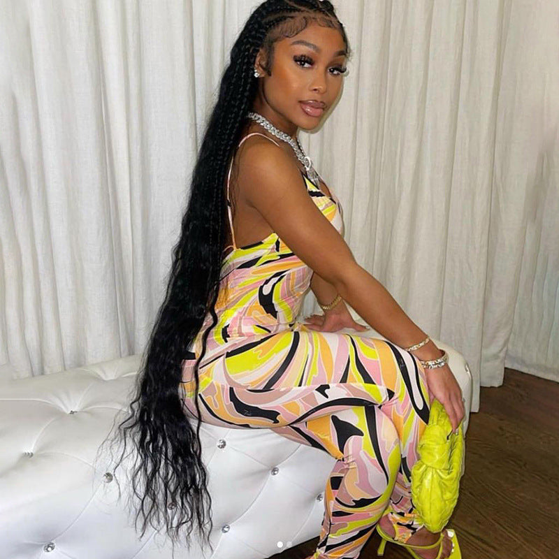 Summer High Waist Printed Suspenders Skinny Hip Raise Casual Sports Jumpsuit for Women