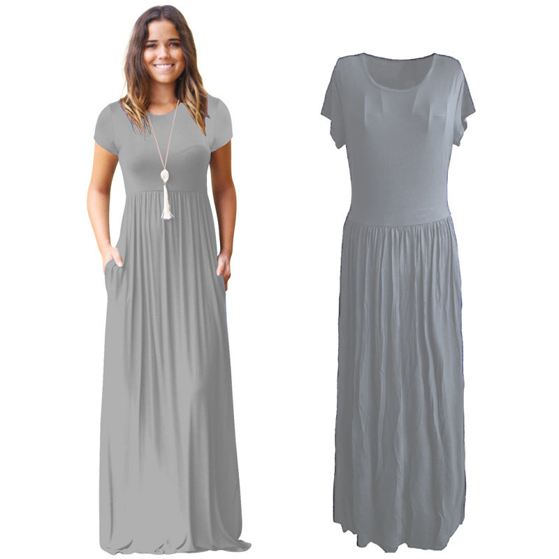 Work Dresses with Pockets Spring/Summer Long Dress Solid Color Short Sleeve Pocket Dress
