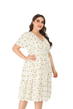 Women Plus Size MIDI Dressesv Collar Waist Trimming Short-Sleeved Printed Dress