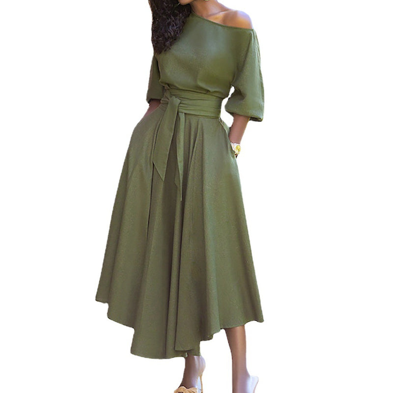 Work Dresses with Pockets Autumn Tight Waist Temperament Pure Color Dress