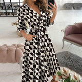 Work Dresses for Girls Women's Autumn Printed Plaid Lapel Lace-up Dress