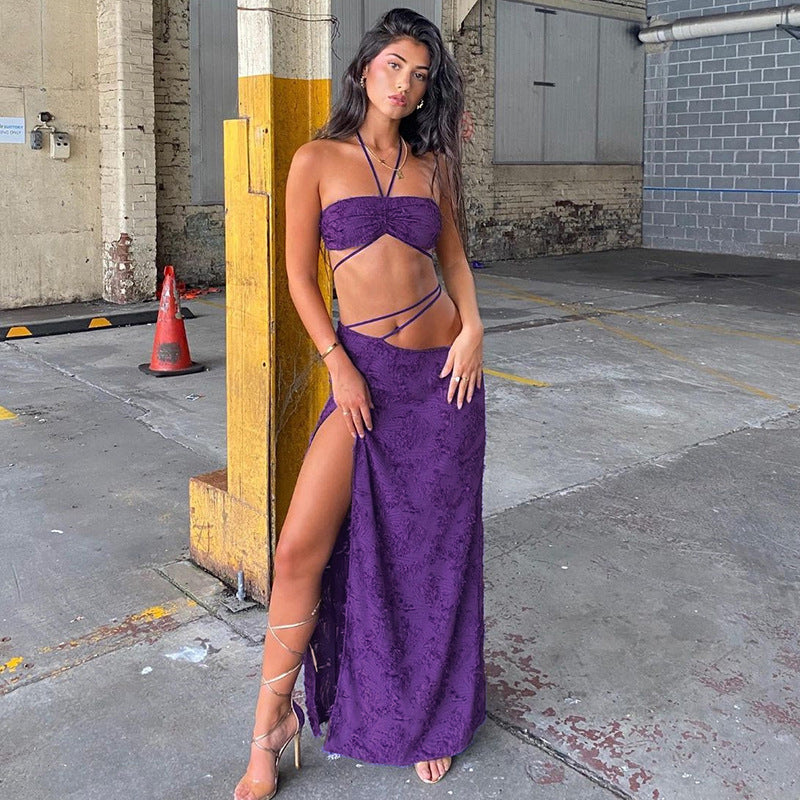 Women Top & Skirt 2 Piece Set Spring/Summer Backless Underwaist Sexy Slit Skirt Suit