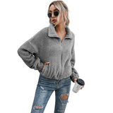 Women Sherpa Jacket Autumn and Winter Double-Sided Plush Lapel Short Top Drawstring Sweatshirt Coat