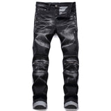 J Shaped Jeans Men's Oversized Jeans Ripped Motorcycle Zipper Pleated