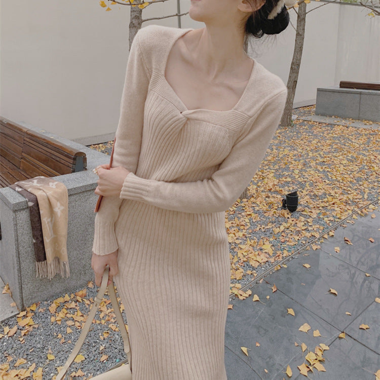 Fairy Dress Knitted Dress for Women Autumn and Winter French Style Retro Minority V-neck Knot Inner Wearing Long Style Fairy Skirt