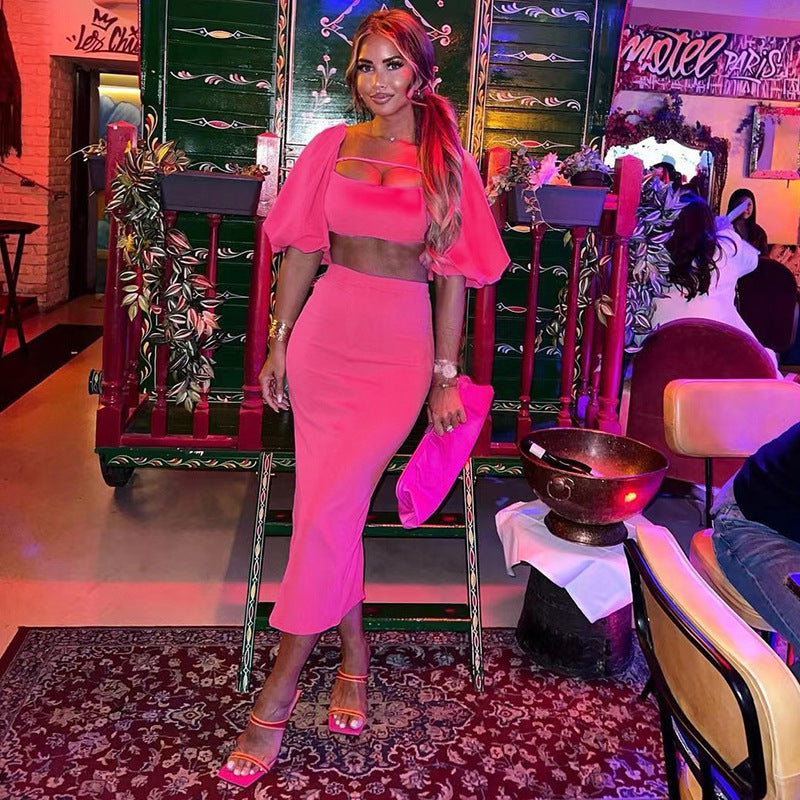 Women Top & Skirt 2 Piece Set Summer Square Collar Puff Sleeve T-shirt Slim Fit Sheath Skirt Suit