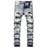 J Shaped Jeans Stitching Hole Patch Stick-on Crystals Men's Straight Stretch Jeans