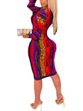 Women Plus Size Midi Dresses Long Sleeve Printed Deep V Sexy Slim Bodycon Dress