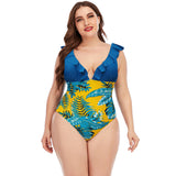 Women Plus Size Swimwear One-Pieces Multicolor Printing Ruffle Swimwear