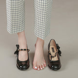 Nude Pumps Block Heel Mary Jane Women's Shoes Bow Thick Heel Leather Shoes