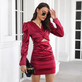 Dakota Johnson Red Mini Dress Pleating Puff Sleeve Long Sleeve