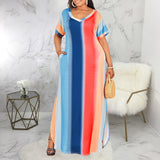 Women Plus Size Maxi Dresses Summer Color-Striped Printing Short Sleeve Dress