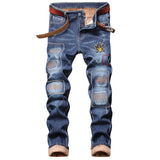 J Shaped Jeans New Men's Jeans Retro Large Hole Patch Straight Thickening plus Velvet