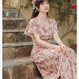 Women's cottagecore Dress Pink Small Floral Dress Women's Summer Skirt