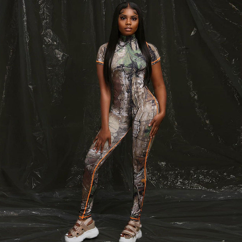 Summer women's fashion printed short-sleeved hip-lifting sports jumpsuit women