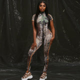 Summer women's fashion printed short-sleeved hip-lifting sports jumpsuit women