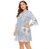 Women Plus Size Mini Dresses Fashion V-neck Printed Striped Ruffled Straight Dress