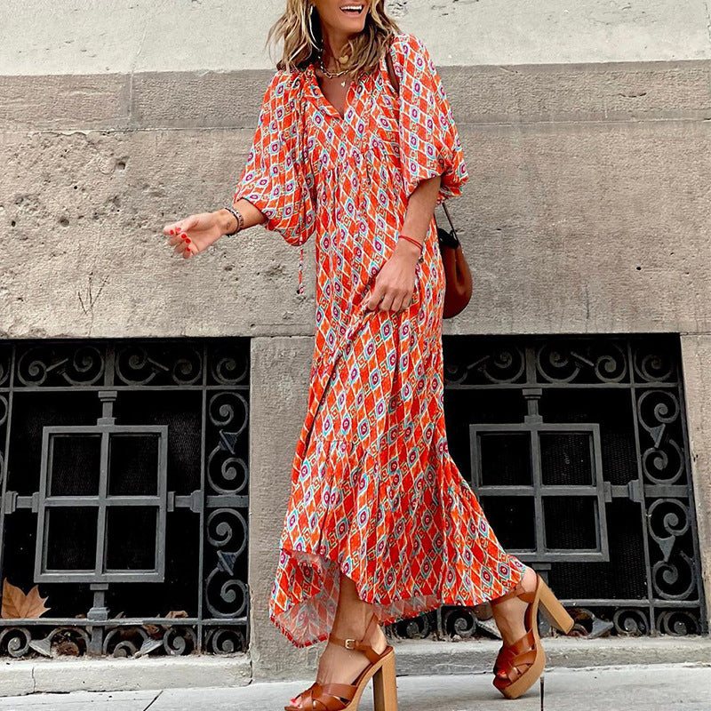 Women Bohemian Dress Women's Summer Short Sleeve Printed Dress
