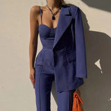 Women Top & Pant 2 Piece Set Winter Camisole Slim-Fit Straight Trousers Suit